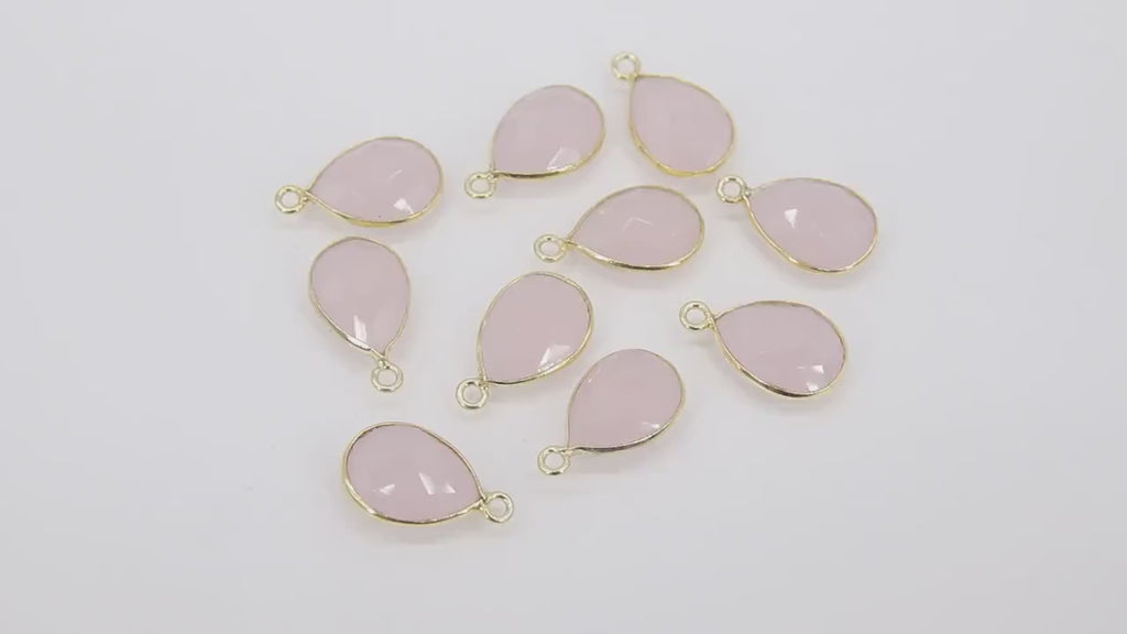 Rose Quartz Teardrop Charms, Gold Plated Oval Pink Gemstones #2848, Sterling Silver Birthstone Pendants