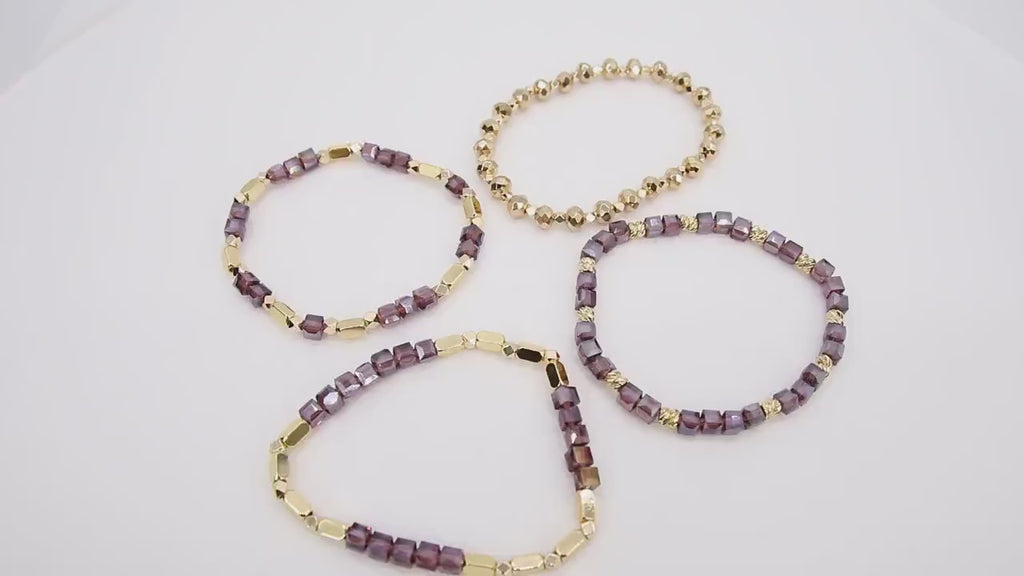 Purple and Gold Beaded Bracelet, Purple Cube Stretchy Bracelet, Gold Nugget Mom Team Spirit Stacks