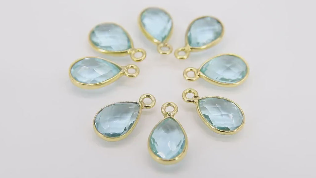 Blue Topaz Teardrop Charms, 8 mm Gold Plated Oval Blue Gemstones AG #3049, Gold Plated over Sterling Silver Oval Charms