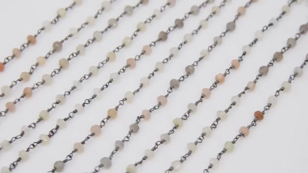 Multi Moonstone Rosary Chain, Unfinished 4 mm Beaded Beige CH #530, Gray Ivory Black Wire Wrapped Chains