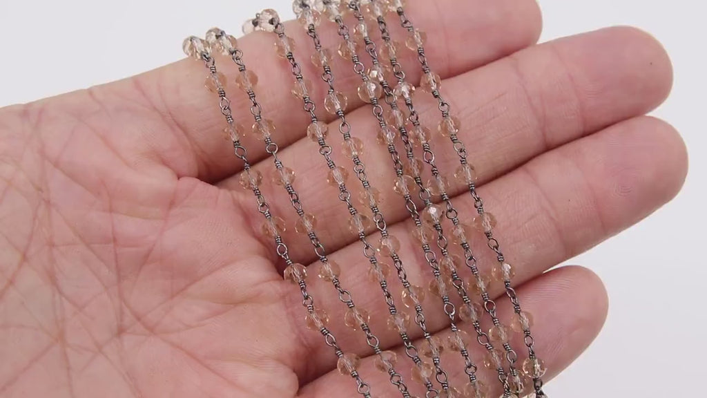 Smoky Beige AB Rosary Chain, 4 mm Black Wire Wrapped Beaded Crystal CH# 416, By the Foot