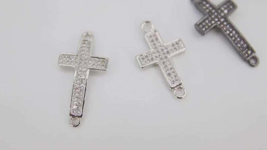Gold CZ Micro Pave Cross Connector, Silver Cross Links for Bracelet or Necklace #152, Black Clear Cubic Zirconia Beads