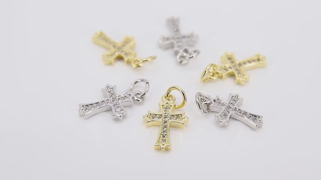 CZ Paved Gold Cross Charms, 10 x 15 mm Silver Cross Charm #3388, Minimalist Small Crosses