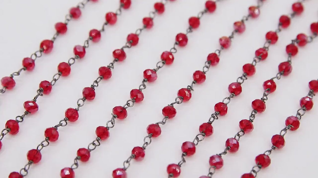Red Faceted  Chain, 4 mm Beaded Cranberry AB Chains CH# 421, Gunmetal Black Wire Wrapped