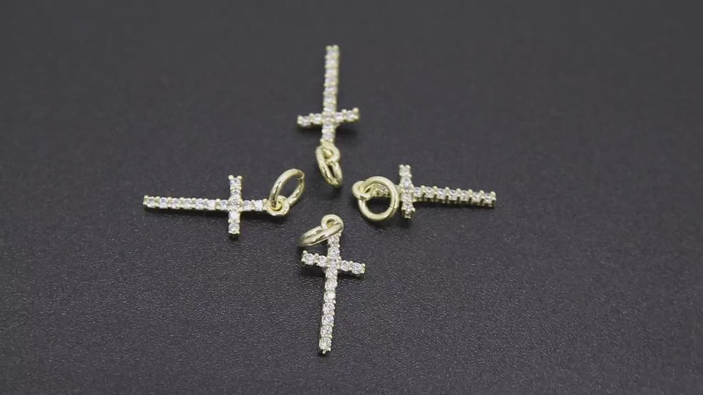 Gold CZ Cross Charms, Genuine Gold over 925 Sterling Silver Long Cross Charms #214, Micro Pave Cubic Zirconia Cross Pendants