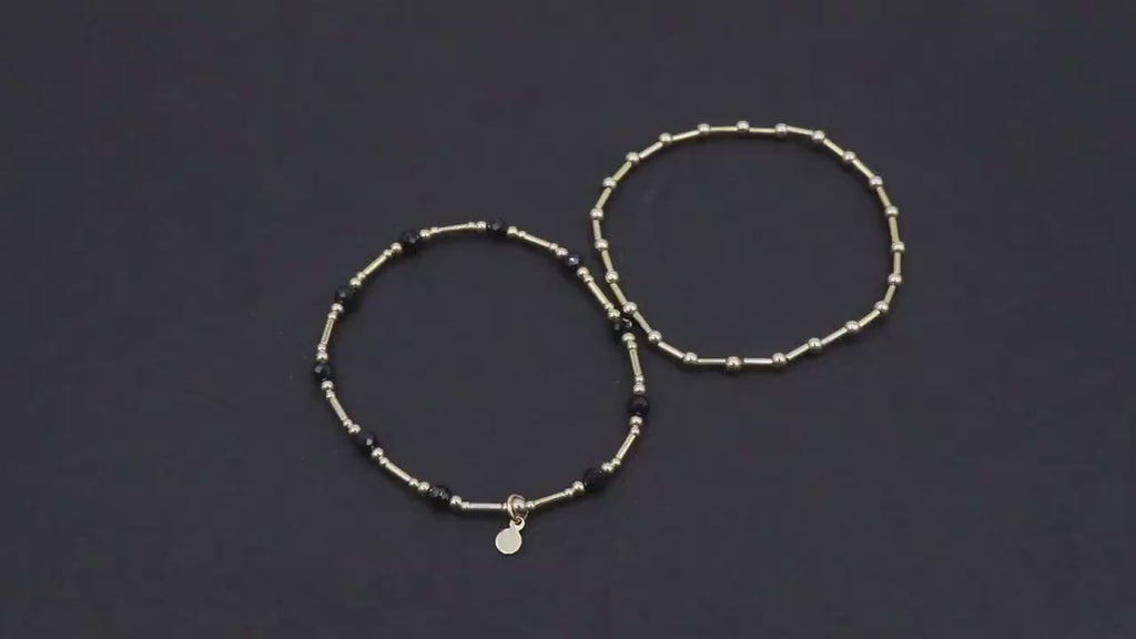 14 K Gold Filled Beaded Black Onxy Stretchy Bracelet, Dainty Tube Bar Charm Stacking, Handmade Waterproof Gold Black Semi Precious Gemstone