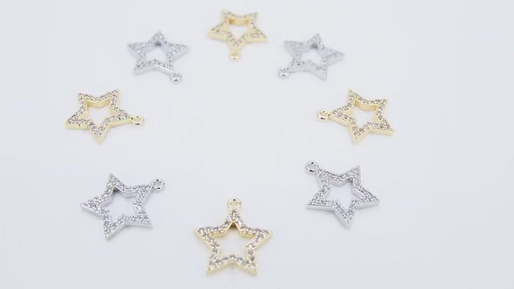 Cubic Zirconia Silver Star Charms, Small Gold Starbursts #3344, CZ Hollow Star Dangles