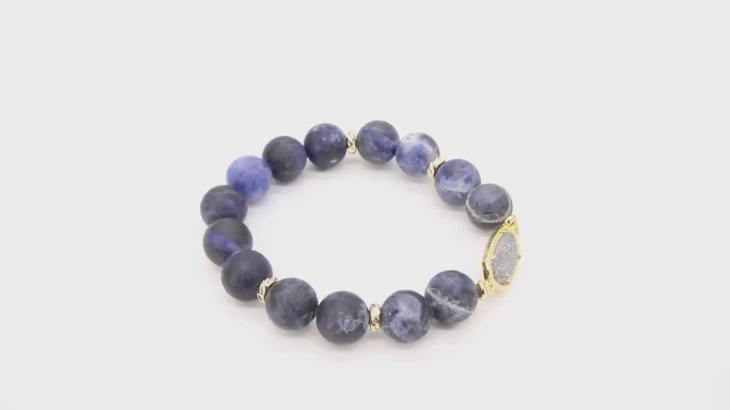 Blue Navy Druzy Beaded Bracelet, Sodalite Gold Stretchy Bracelet #795, Druzy Charm Bracelet