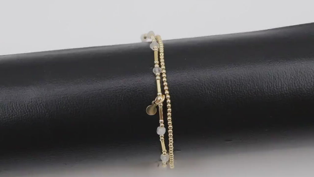 14 K Gold Filled Beaded Opal Stretchy Bracelet, Dainty Tube Gemstone Stacking Bracelet, Handmade October Birthstone Opalite White Bracelet