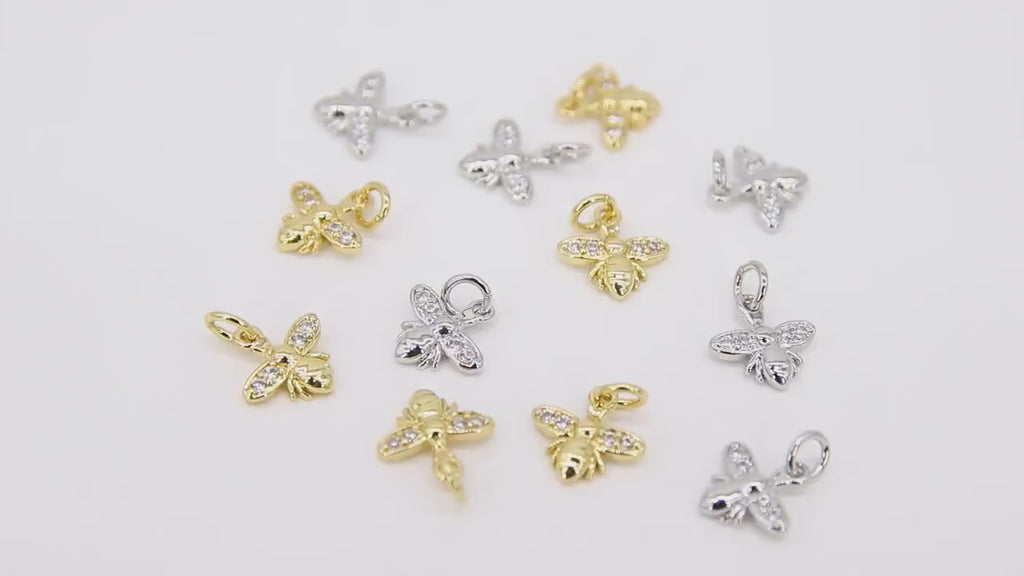 CZ Pave Gold Bee Charms, Tiny 9 mm Bumble Bee Charms #551, Small Silver Honey Bee
