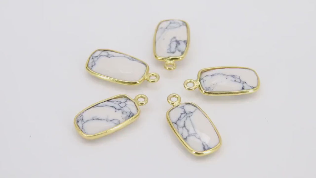 White Turquoise Gemstone Charms, 19 mm Gold Rectangle Charm #3433, Gold Over Sterling Silver White Howlite