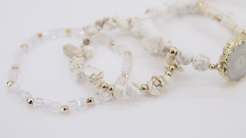 White Turquoise Druzy Beaded Bracelets, Gold and Creamy Beige Stretchy Bracelet Stacks, Clear Crystal Cube Beaded Crystal Bracelets