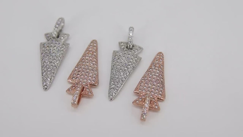 Silver CZ Pave Arrow Charms, Rose Gold Plated Diamond Pave #43, Cubic Zirconia  12 x 28 mm Arrowheads
