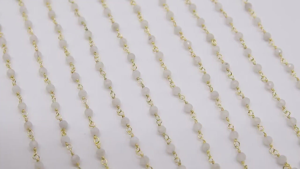 Rainbow Moonstone Gold Rosary Chain, 4 mm Faceted White Beaded Chains CH #457, Gemstone Wire Wrapped By the Foot