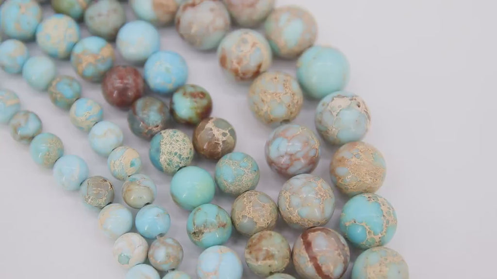 Natural Imperial Blue Opal Jasper Beads, Round Marbleized Aqua and Beige Cream Beads BS #20, size 8 mm 15.7 in FULL Strand