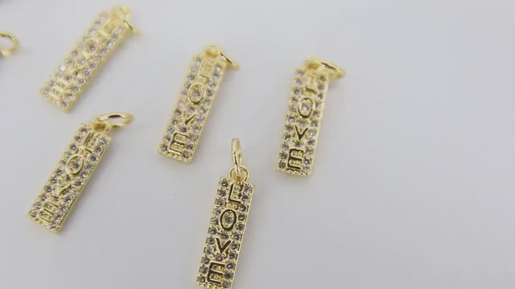 CZ Pave Love Words Charms, Tiny Gold Rectangle Minimalist Dog Tags #2642, Inspirational Bar  5 x 15 mm