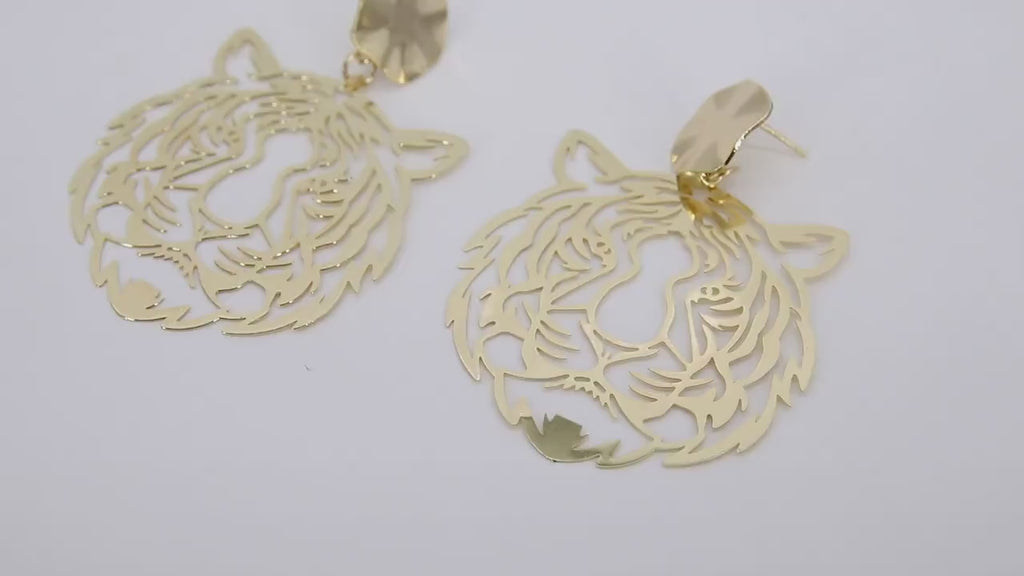 Gold Tiger Head Earrings, Gold Wavy Stud Earrings, 16 mm