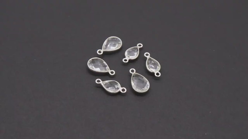 Silver Clear Teardrop Connectors, Gold Over 925 Sterling Silver Charms # 3663, Oval Clear Crystal Quartz Links