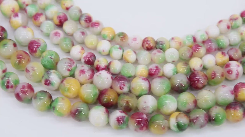 Red and Lime Green Beads, Smooth Mixed Hot Pink Yellow Marble Jade Dyed Beads BS #121, Jewelry Beads sizes 6 mm 8 mm 10 mm