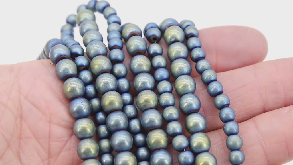 Matte Hematite Blue Beads, Smooth Gray Frosted Slate Blue Jewelry Beads BS #215, sizes 6 mm 8 mm 15.75 inch Strands