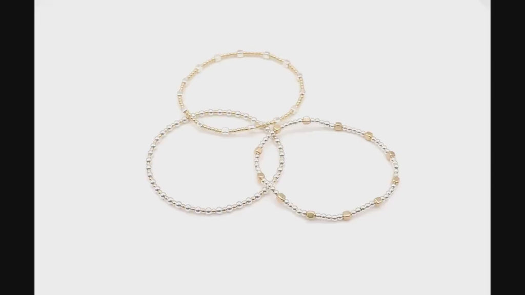 Mixed Metal Cube Beaded Bracelet, 925 Sterling Silver 14 K Gold Filled Stretchy Women's Bangle, Square Bead Stacking