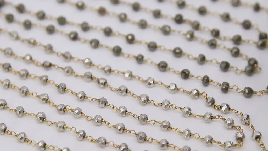 Pyrite Beaded Rosary Chain, Natural Faceted 4 mm Pyrite Bead CH #501, Quality Gold Plated Wire Wrapped Jewelry Chains