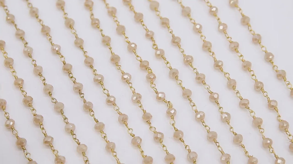 Creamy Beige Gold Rosary Chain, 4 mm Chains for Jewelry CH #412, Wire Wrapped Crystal AB