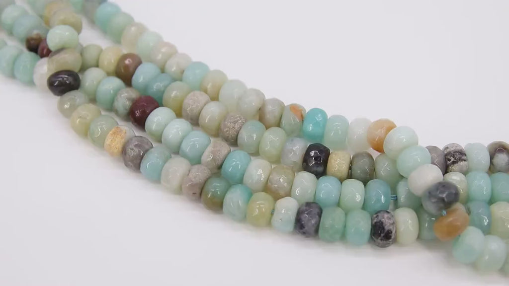 Faceted Natural Amazonite Beads, Rondelle Beads in Light Blue and Beige blends BS# 25, sizes 6 x 8 mm 15.3 inch Strands