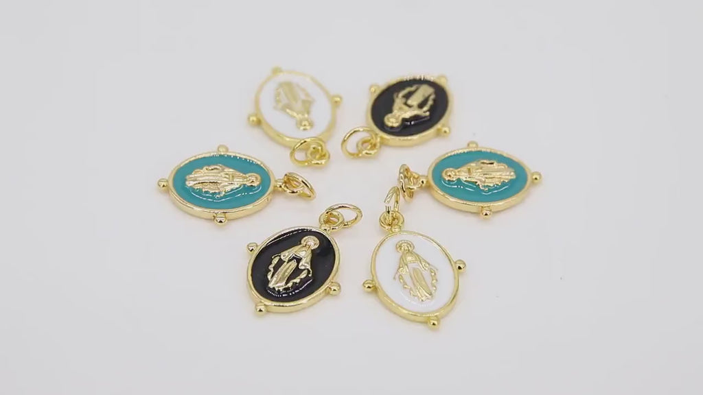 Gold Jesus Virgin Mary Charms, Oval Enamel  Religious Discs #2732, Colors in Black White