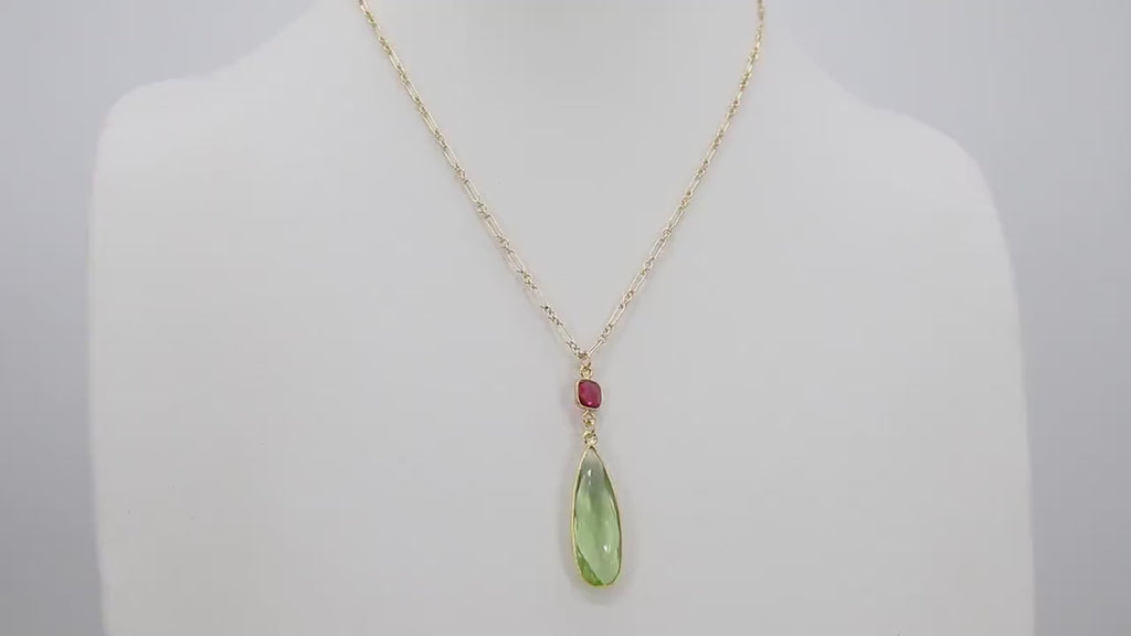 14 K Gold Filled Gemstone Necklace, Green Amethyst and Pink Tourmaline Gemstone Necklace, Long Short Chain Necklace