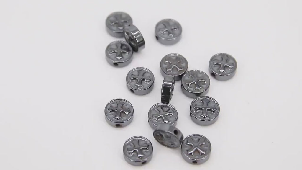 Black Hematite Cross Beads, 5 Pc Round Bead Cross Charm #314, 9 x 4 mm Religious Maltese Flat Cross