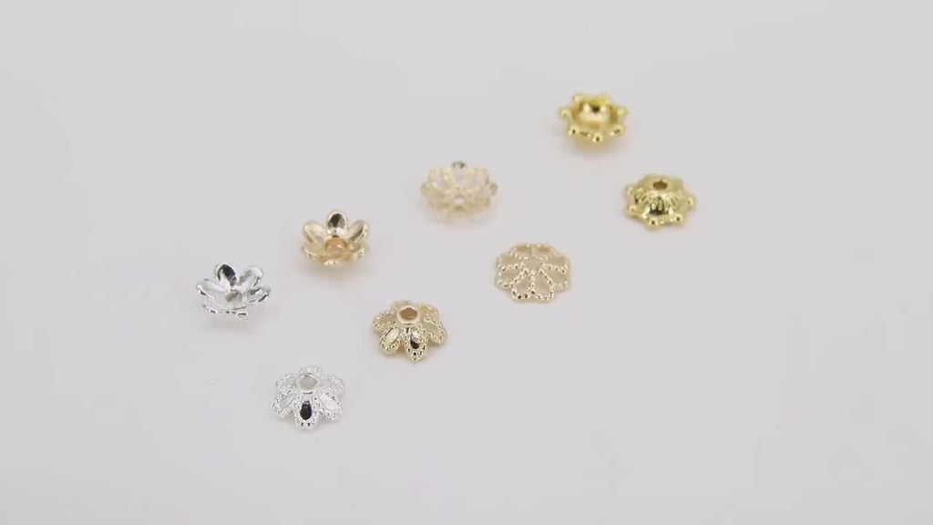 Gold Bead Caps, 6 mm Silver Bead End Caps Styles #3419, Round Petal Star Discs