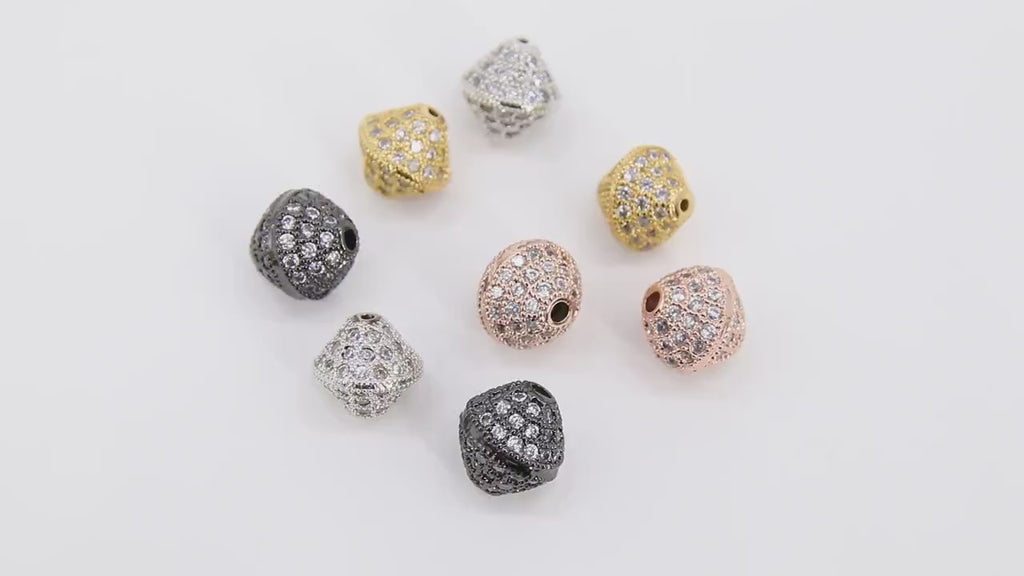 CZ Micro Pave Oval Bicone Beads, 10 mm Cubic Zirconia Spacers Beads #65, Gold Silver Black Rose Diamond Shape Beads