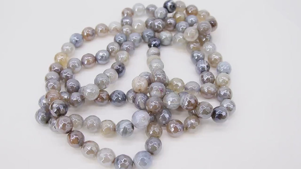 Electroplated White Agate Beads, Faceted Agate BS #238, Beige and Gray Beads