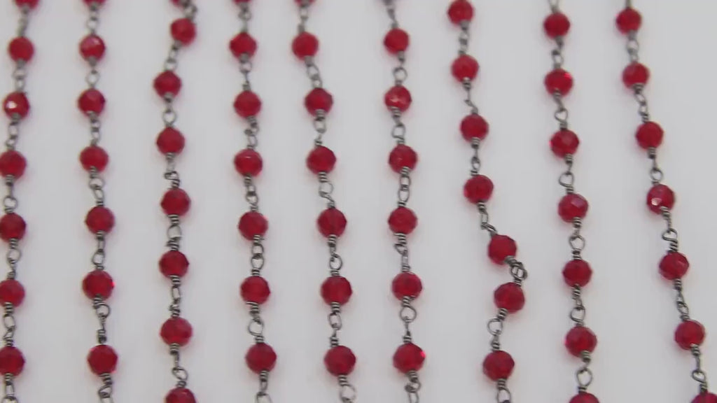 Ruby Red Rosary Silver Chain, Black Wire Wrapped 4 mm Faceted Beaded Red Chains CH #620, Gold Jewelry Rosary Roll