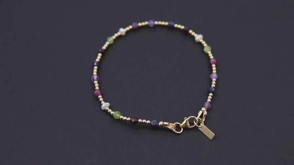 14 K Gold Filled Beaded Gemstone Bracelet, Women's Multi Color Semin Precious Beaded Bracelet, 3 mm Stacking Bracelet