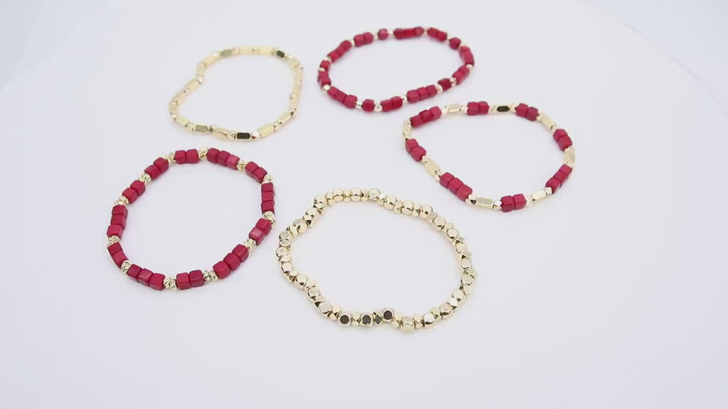 Red and Gold Beaded Bracelet, Red Cube Stretchy Bracelet, Gold Nugget Team Spirit Stacks