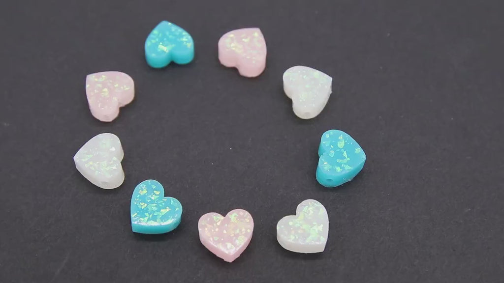 Glitter Heart Jewelry Beads, Blue Pink or White Heart Charms #525, Side to Side 2 mm Holes