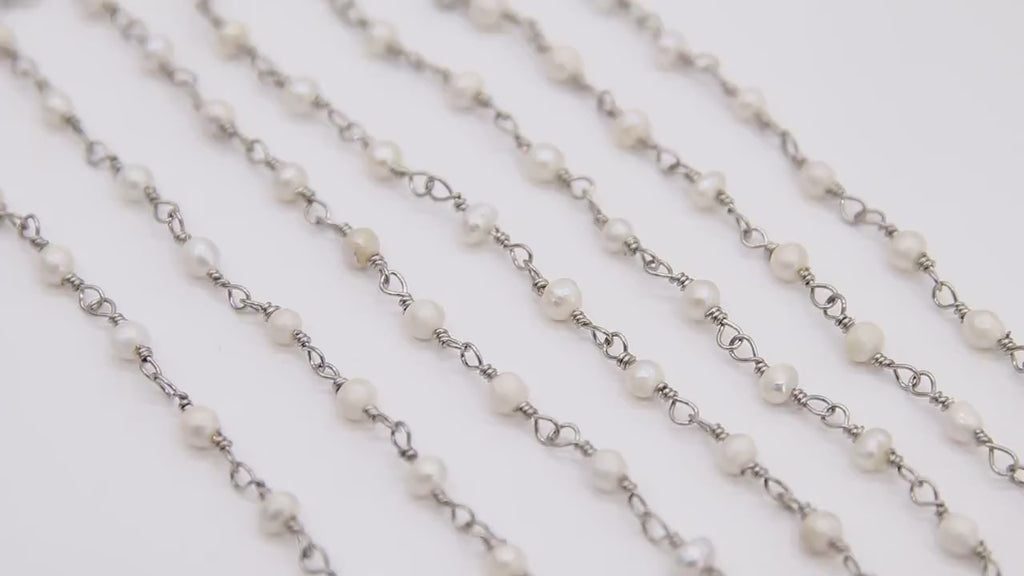 Natural Pearl Rosary Silver Chain, 4 mm Dainty Freshwater Beads Chain CH #520, Silver Wire Wrapped