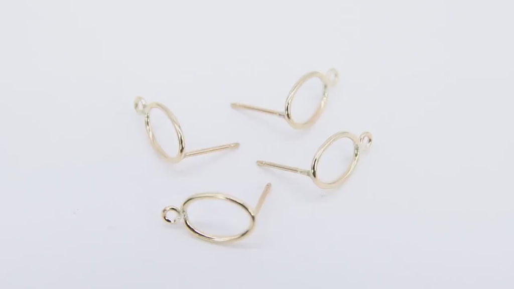 14 K Gold Hoop Stud Earrings, High Quality Gold Filled Oval Ring Stud Post Findings # 2841, 1 Loop Egg Shaped Minimalist Hoops