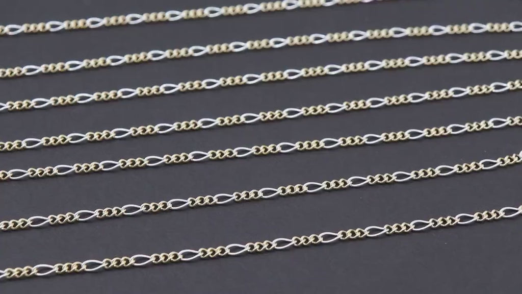 14 K Gold Filled Mixed Metal Figaro Chain, 6.2 mm 925 Sterling Silver Two Tone 3/1, By The Foot CH# 896