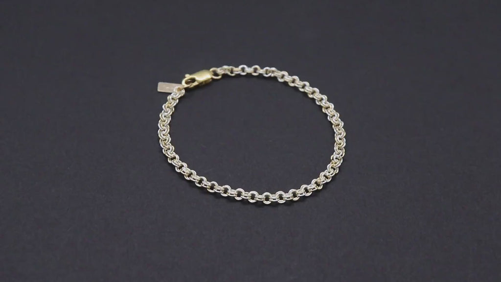 14 K Gold Filled Double Rolo Chain Link Bracelet, 925 Sterling Silver Two Tone Mixed Metal Link Charm Bracelet, Large Lobster