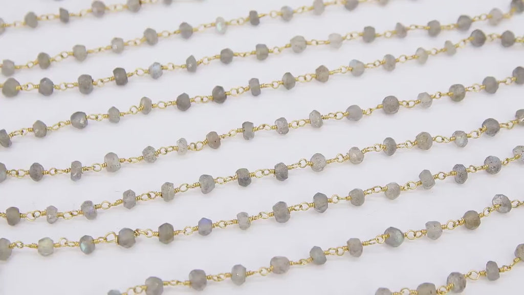 Natural Labradorite Gemstone Rosary Gold Chain, Gray 4 mm Jewelry Chain CH #337, 1 5 10 feet Religious Chain