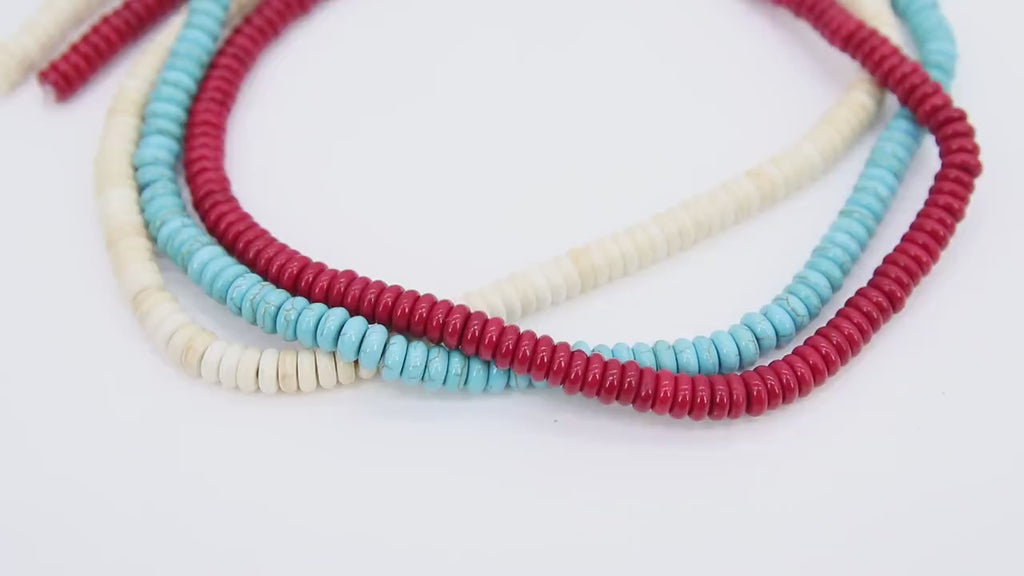 2 Strands White Turquoise Beads, 6 mm Blue Smooth Round Rondelle Howlite Beads BS #307, Red Flat Rondelle Beads