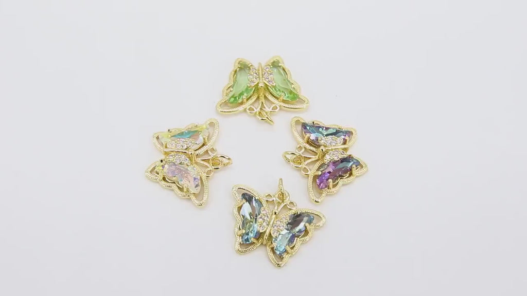 CZ Butterfly Charms, Gold Filigree Cubic Zirconia Crystal Butterflies # 2683, High Quality Charms in 19 Colors