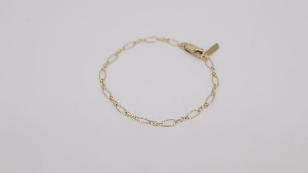 14 K Gold Filled Paperclip Oval Chain Bracelet, Long Short Rolo Chain Links #615, Rectangle Charm Stamped 14/20