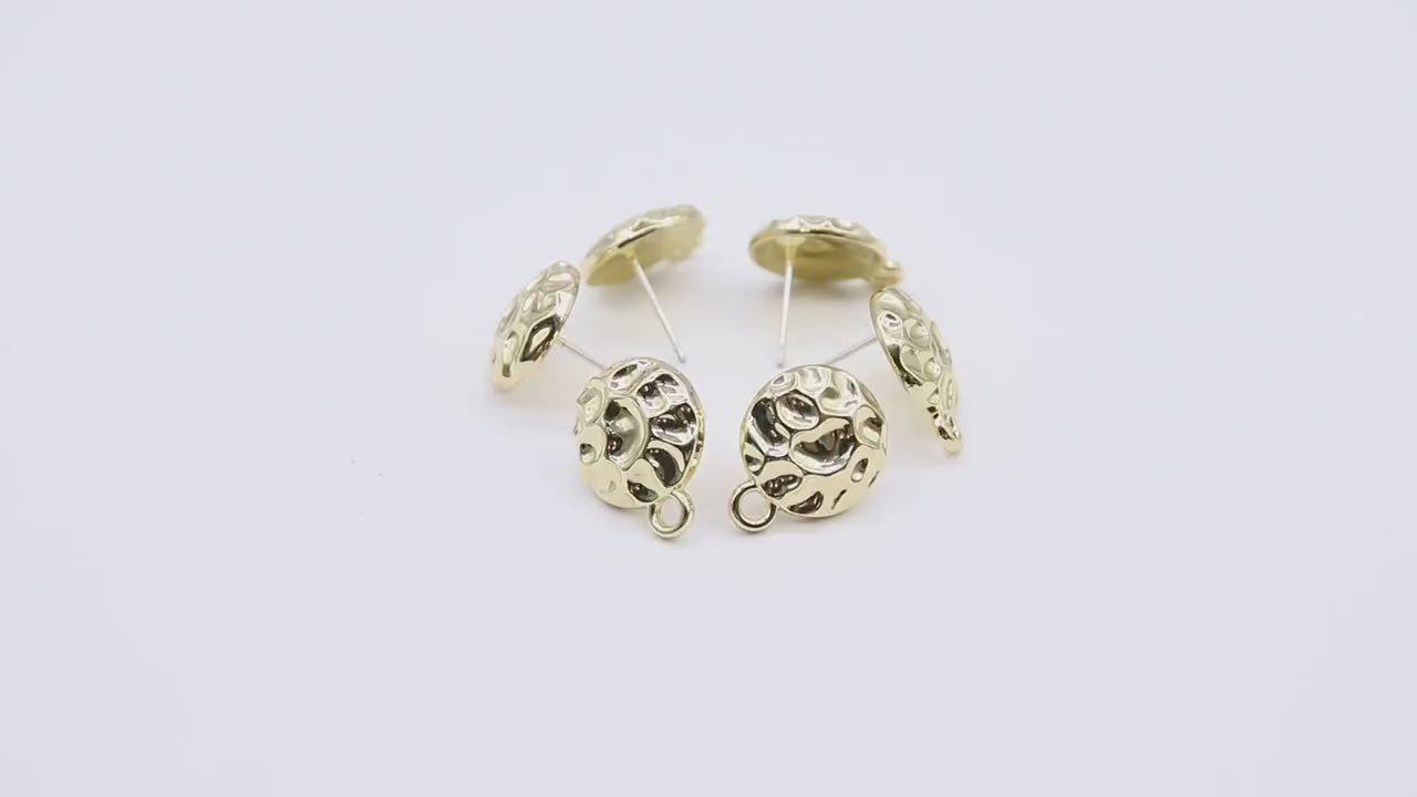 Gold Post Stud Earring Findings, 6 Pieces 13 mm Gold Plated Round or Textured Square #3634, Hammered Round Post Earrings