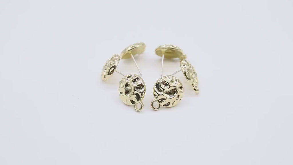 Gold Post Stud Earring Findings, 6 Pieces 13 mm Gold Plated Round or Textured Square #3634, Hammered Round Post Earrings