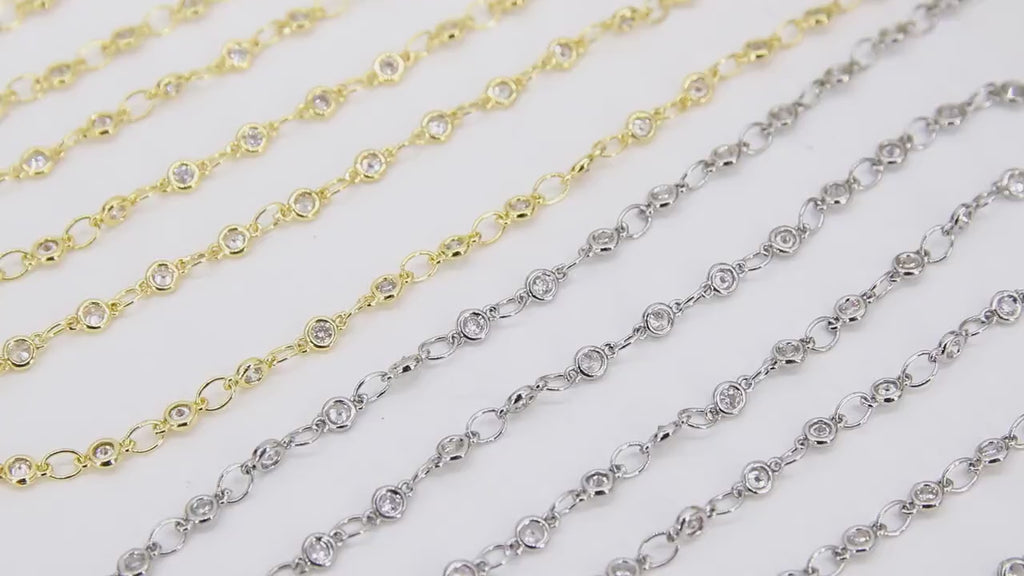 3mm Gold CZ Chain By The Yard, Silver Genuine Cubic Zirconia Chain CH# 560, By The Foot