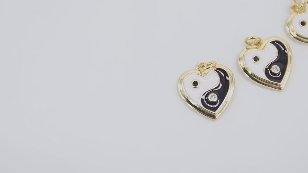 Black and White Disc Charms, CZ Pave Yin Yang Round Shape Enamel 14 mm Charm for Bracelet #2661, Necklace Jewelry